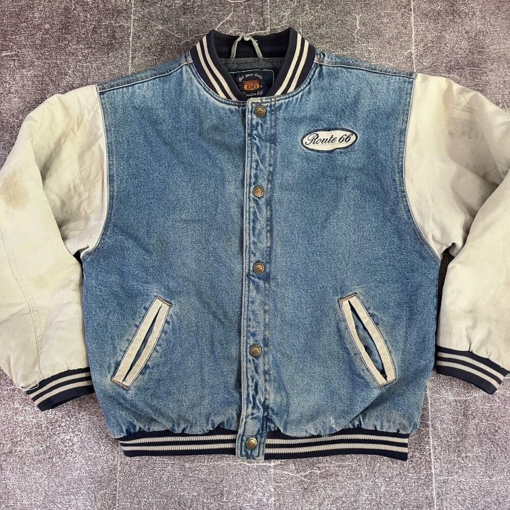 Men's Vintage 90's Route 66 Quilted Blue Denim Beige Varsity Bomber Jacket Sz S